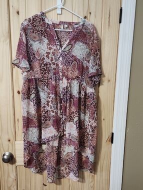 Paisley Print Short Sleeve Sheer Tunic - Pink & Brown
